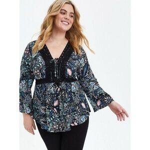 Torrid Dark Floral Babydoll Gauze Bohemian Top Bell Sleeves